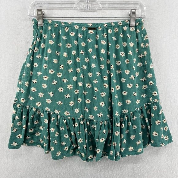 Billabong Mini Skirt Womens L Green Micro Floral Faux Wrap Ruffle Trim Boho Chic - Picture 2 of 9
